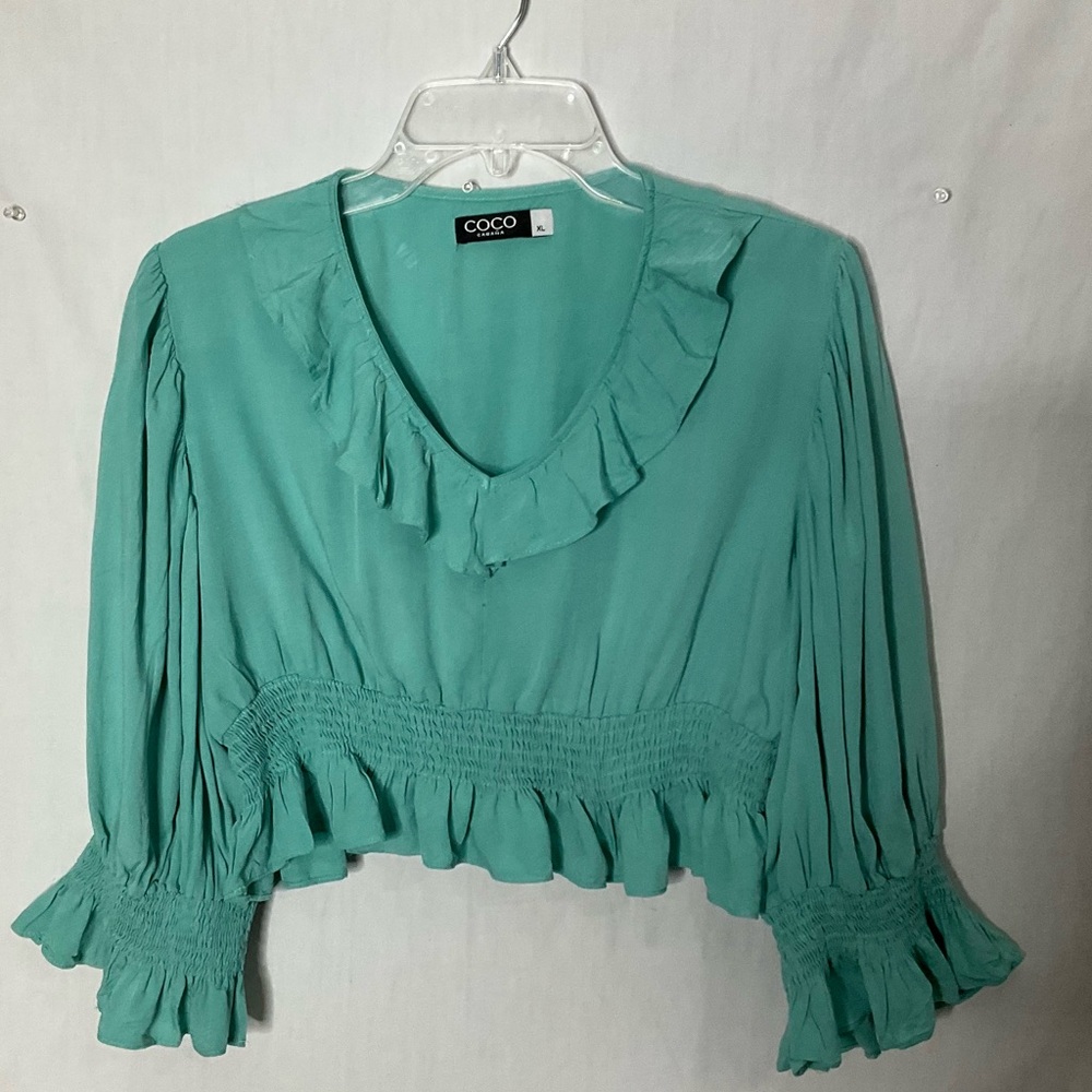 Coco Cabaña XL Teal Ruffle Peasant Blouse Long Sleeve Smocked‎ Boho Crop Top